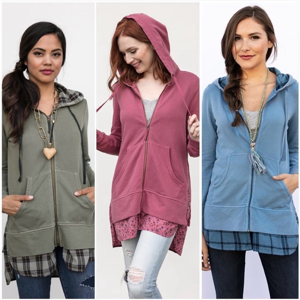 EVY'S TREE The Bryony Zip-Up Hoodie Solid Mauve & Plaid Size XS